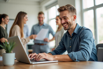 Fototapeta premium Smiling Man Working on Laptop in Modern Office Environment