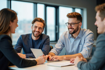 Three Business Professionals Collaborating at Table with Laptop