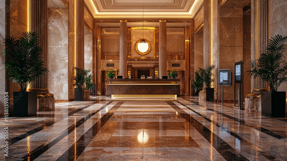 Poster a large lobby with a chandelier and a clock