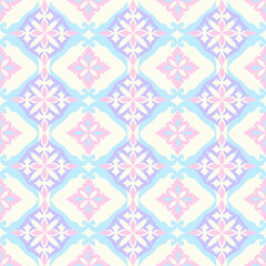 Pink, blue, and purple (pastel color) classic traditional damask design, seamless pattern, vector illustration for elegant textile design. Design for fabric ends and clothing.