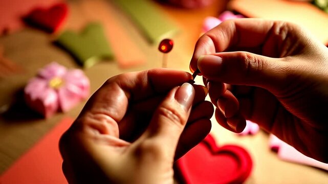 Close-up shots of hands creating Valentine&rsquo;s cards, wrapping gifts, and crafting heart-shaped decorations in a warm, cozy setting