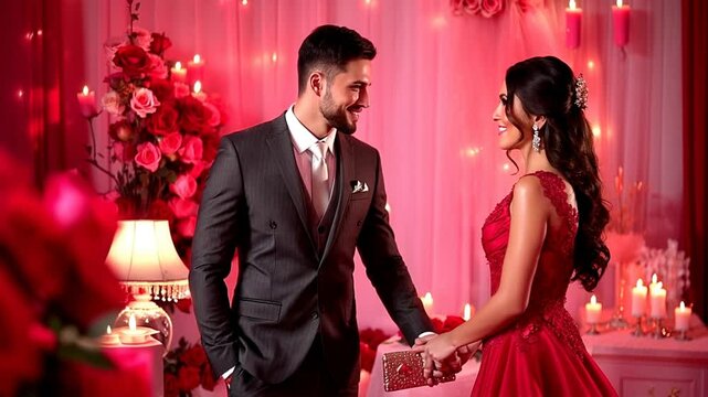 Elegant couple celebrating Valentine's Day: A man and woman dressed stylishly, sharing a romantic moment. Perfect for love-themed projects and special occasions.