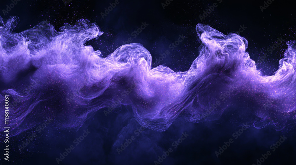 Poster purple paint powder splashes. flows of magic dust with glitter particles and sparkles. vector realis