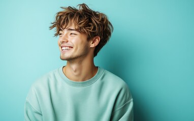 Fototapeta premium man smiling with sweatshirt in color background
