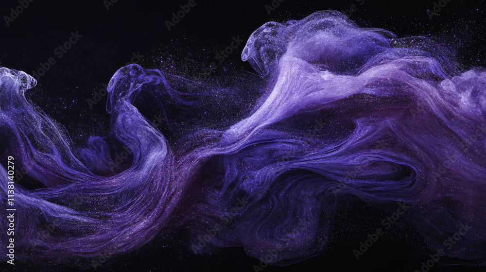 Poster purple paint powder splashes. flows of magic dust with glitter particles and sparkles. vector realis