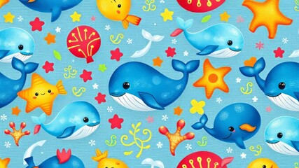 Cute Whale Kids Print, Seamless Pattern, Baby Bedding Fabric Wallpaper, Bright Sea Animals, Childish Design