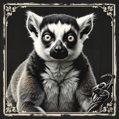 Fototapeta premium Lemur Black-and-White Portrait in Ornate Vintage Frame, Print for T-Shirt