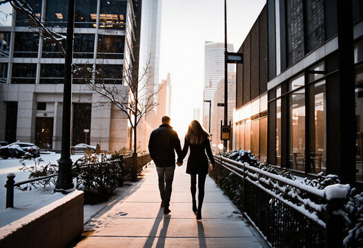 A man and a woman walking down a sidewalk in the snow.