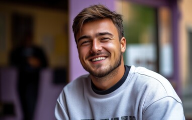 Obraz premium man smiling with sweatshirt in room background