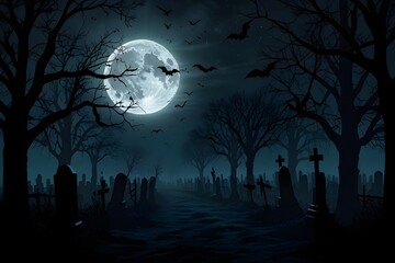 Zombie Rising Out Of A Graveyard cemetery In Spooky scary dark Night full moon bats on tree. Holiday event halloween banner background concept. Generative AI