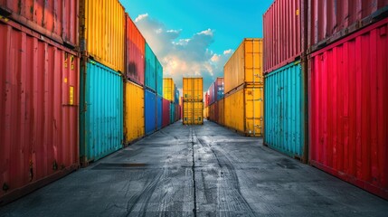 Fototapeta premium Brightly colored shipping containers create a vibrant alleyway in a cargo yard during daylight hours