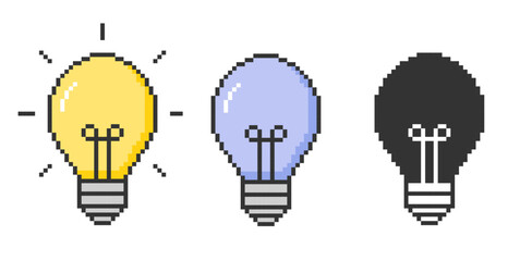 Set of pixel art light bulbs. Energy and thinking sign on white background. Vector illustration