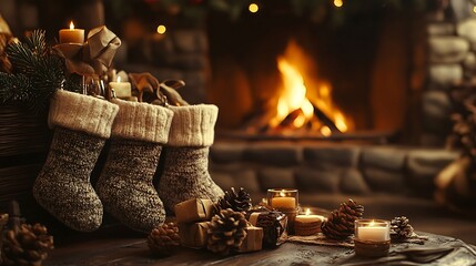 Christmas Stockings with Gifts by the Fire and Pinecones