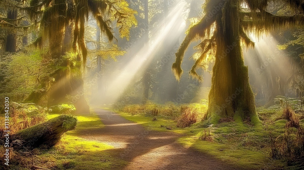 Poster sunlight filtering through lush forest canopy in tranquil setting