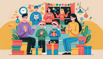 Happy family celebrating Christmas with gifts and festive decorations indoors