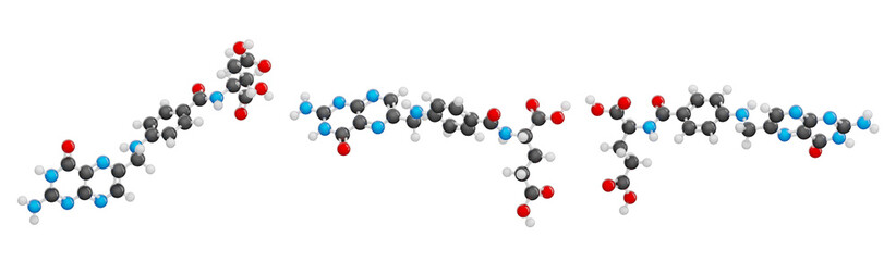 Molecule of Folic acid (B9 vitamin or vitamin M). Set of views. Molecular formula: C19H19N7O6. Chemical model: Ball and Stick. Isolated. Transparent background. PNG transparent. 3D illustration.