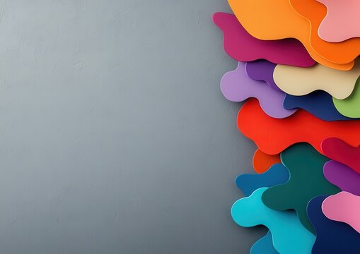 Colorful, abstract shapes stacked on a gray background, showcasing a vibrant palette and playful design elements.