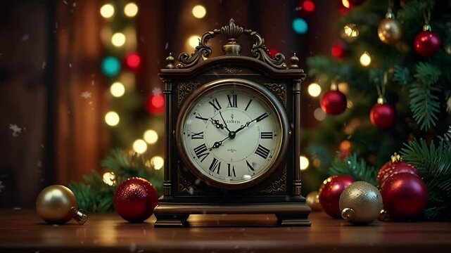 An old clock is among the Christmas and New Year decorations. Seamless 4K looping timelapse video animation background - Powered by Adobe