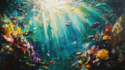 Fototapeta premium Colorful Underwater Scene with Sunlight and Diverse Marine Life