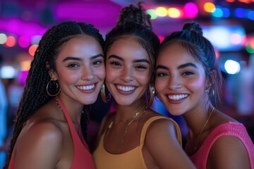 Fototapeta premium A vibrant trio of women smiles brightly in a lively atmosphere, showcasing the joy and excitement of celebration and friendship under colorful lighting.