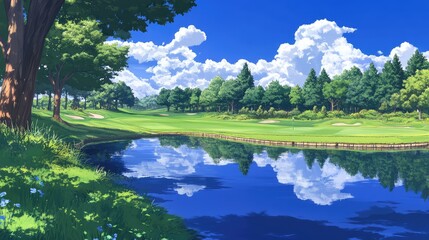 Fototapeta premium Serene Golf Course Landscape with Blue Sky and Reflective Water