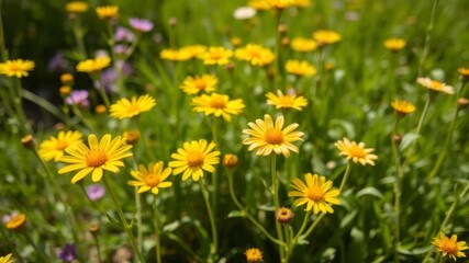 Fototapeta premium Vibrant yellow daffodil flowers standing tall in a sunlit field with a clear blue sky, bloom, fresh, sunny