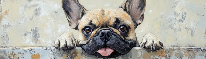 A playful French Bulldog peeks over a wall, showcasing its charming expression.