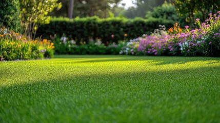 Obraz premium Lush Green Lawn Surrounded by Colorful Flower Beds in Garden Setting