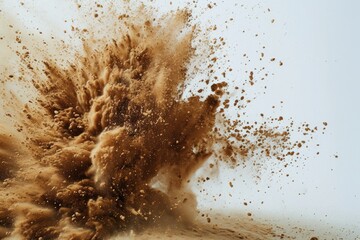 Exploding Sand Art on White Background: Abstract Freeze Frame Motion in Brown and White Soaring Splash