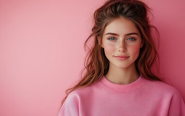 Fototapeta premium smiling beauty woman with casual sweatshirt in color background