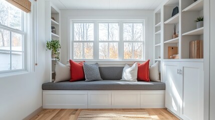 Cozy window seat with built-in storage and pillows.
