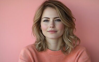 Fototapeta premium smiling beauty woman with casual sweatshirt in color background