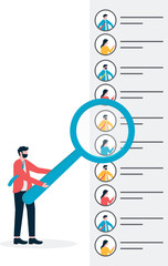 Team of businessmen see the candidate from a cloud online job interview. Business Landing Page Template.
