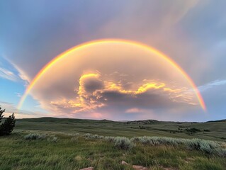 a rainbow arcs over a green field
