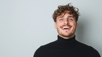 Obraz premium Smiling Man With Curly Hair Wearing a Black Turtleneck Expresses Joy in Front of a Light Gray Background During a Casual Indoor Setting