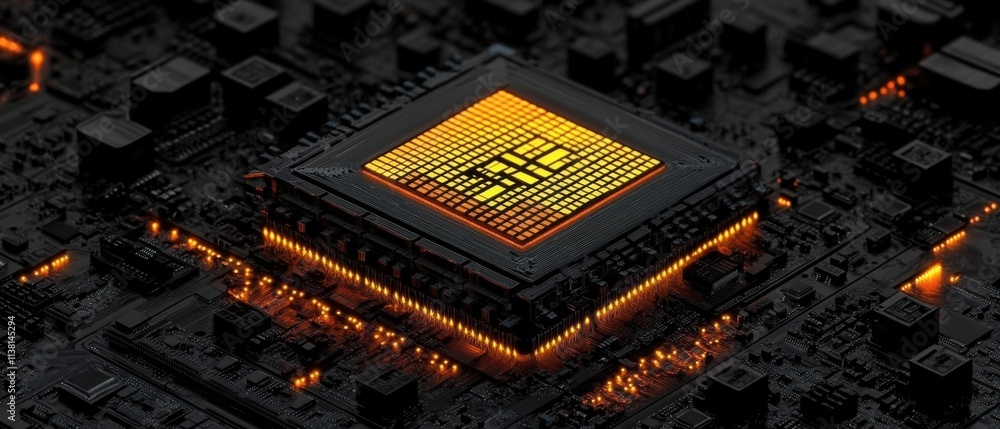 Poster glowing cpu processor on motherboard, hightech computer chip closeup