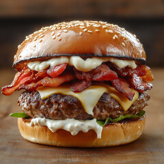 close up shot of delicious mouth watering burger featuring juicy beef patty, crispy bacon, melted cheese, and creamy mayonnaise, all nestled in sesame seed bun
