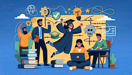 Education and teamwork illustration featuring undocumented students and graduates engaged in learning activities
