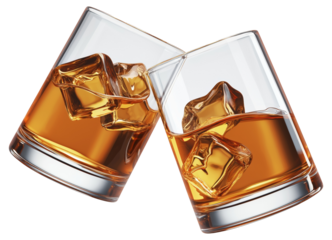 Glasses clinking with whiskey on the rocks isolated on transparent background.