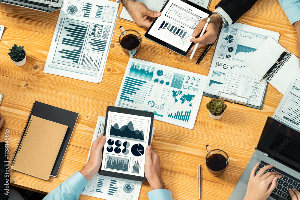 Poster financial data analysis dashboard by fintech bi or business intelligence display on tablet screen to