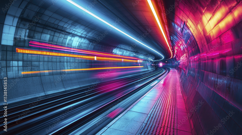 Poster vibrant, futuristic subway tunnel with colorful light trails and smooth curves, showcasing dynamic m