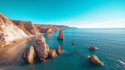 Naklejka premium Vibrant Coastal Landscape Showcasing Unique Rock Formations and Clear Blue Waters Along an Idyllic Beach on a Sunny Day in a Serene Coastal Region