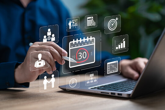 Time management, Agenda for the meeting, Business Planning Calendar concept, Businessman planning and management timeline, Workflow, Company scheduler, Salary payment, Hr plan, Essential dates