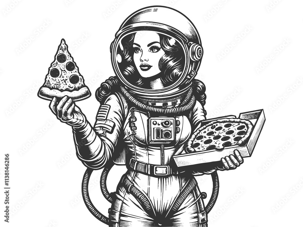 Poster astronaut with slice of pepperoni pizza in space, surrounded by stars in a retro style sketch engrav