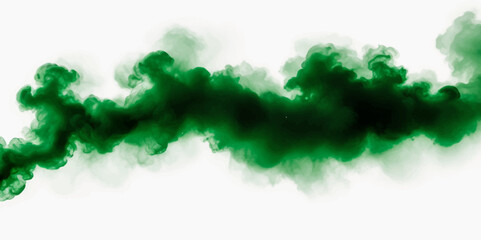 Beautiful green smoke plume isolated on transparent background. bright orange paint color powder festival background.