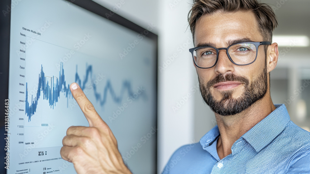 Poster business analyst presenting data trends on screen, showcasing graphs and statistics. professional ma