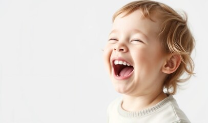 Laughing child with joy on a light copy space background. Children's Day, Mother's Day, happy childhood, health,  joy, happiness, smile,