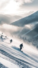 A group of skiers navigating a snowy mountain landscape under a dramatic sky.