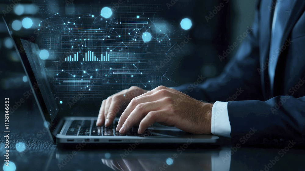Poster businessman typing on laptop with digital data visualization. scene conveys sense of modern technolo