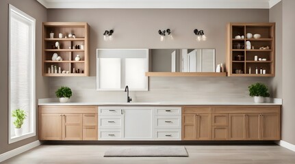 A modern kitchen with white cabinets and a herringbone tile backsplash.generative.ai